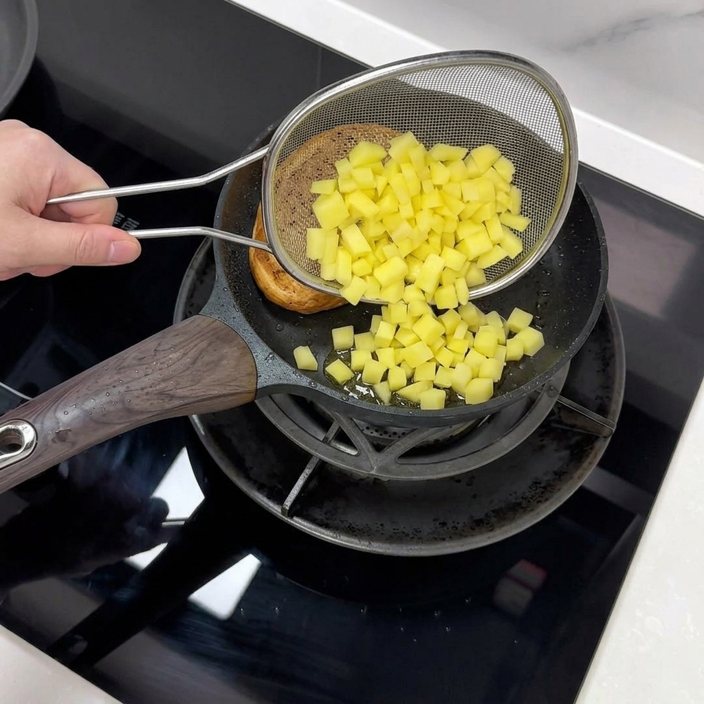 Gewürfelte Kartoffeln werden in die Pfanne zu den Buns gegeben.