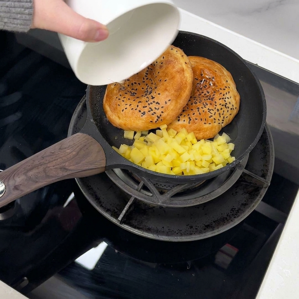 Ein kleiner Schuss Wasser wird zu den Kartoffeln und Buns in die Pfanne gegeben.