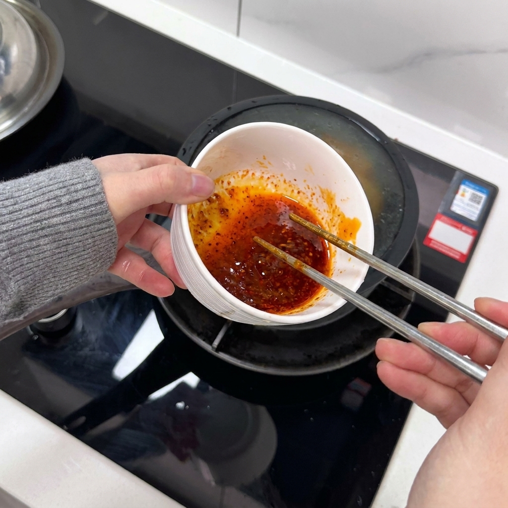 Eier und Chilisauce werden in einer Schüssel mit Stäbchen verquirlt.
