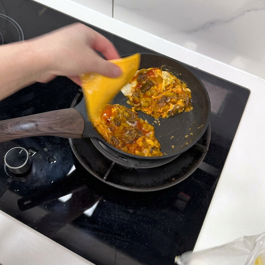 Zwei Scheiben Cheddar liegen auf den Omelett-Patties.