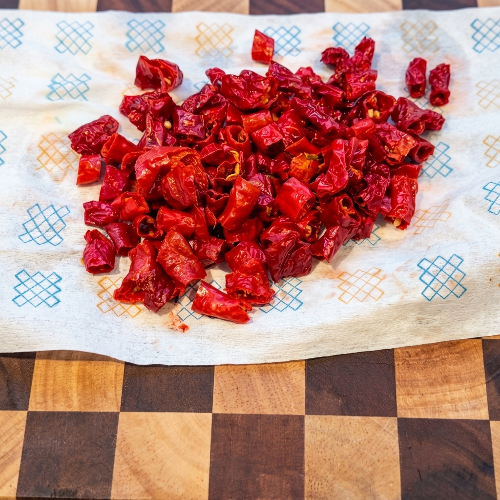 Eingeweichte rote Chili-Häute auf einem Holzbrett bereit zum Schneiden.