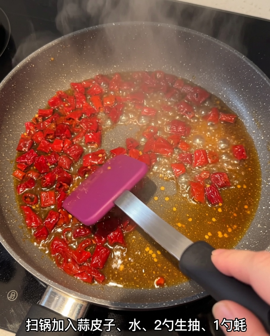 Geschnittene Chili-Häute köcheln in einer Pfanne mit würziger Sauce.