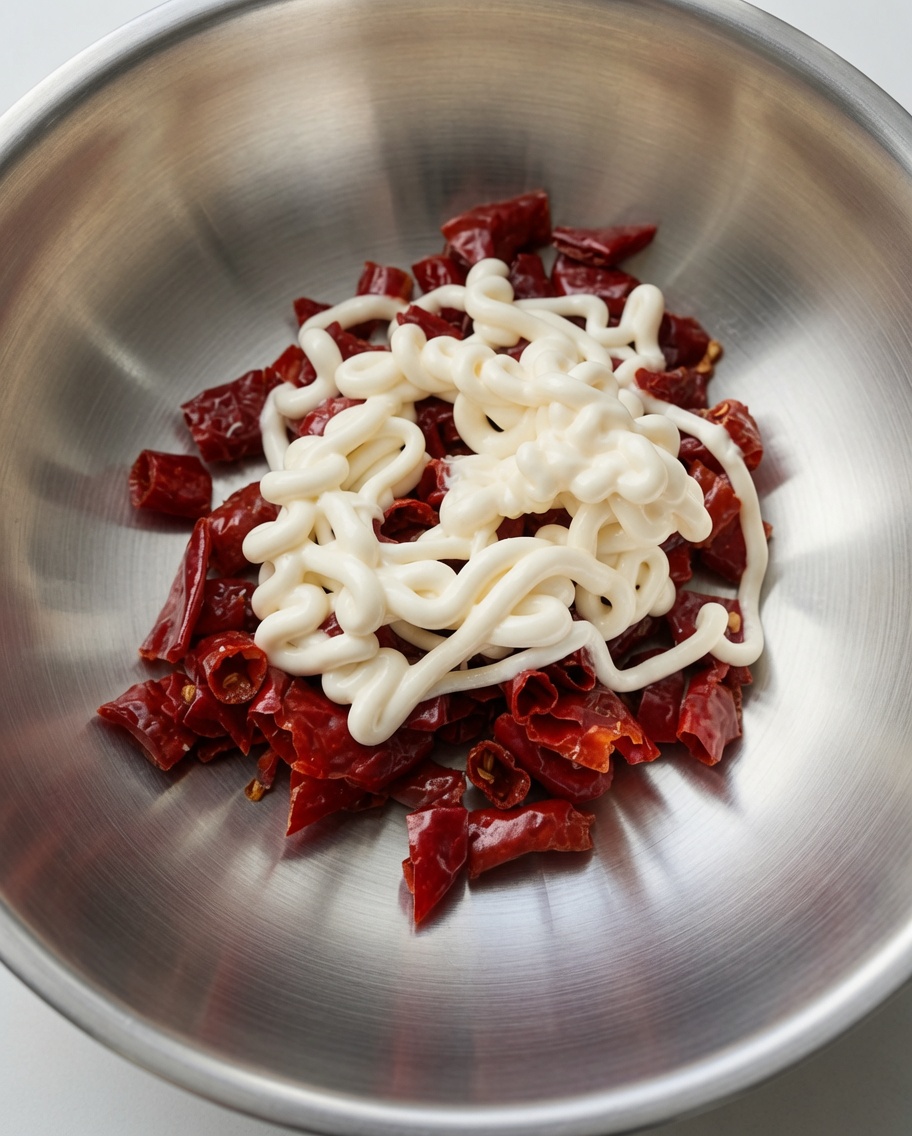 Gekochte Chili-Häute in einer Schüssel mit Mayonnaise vermischt.