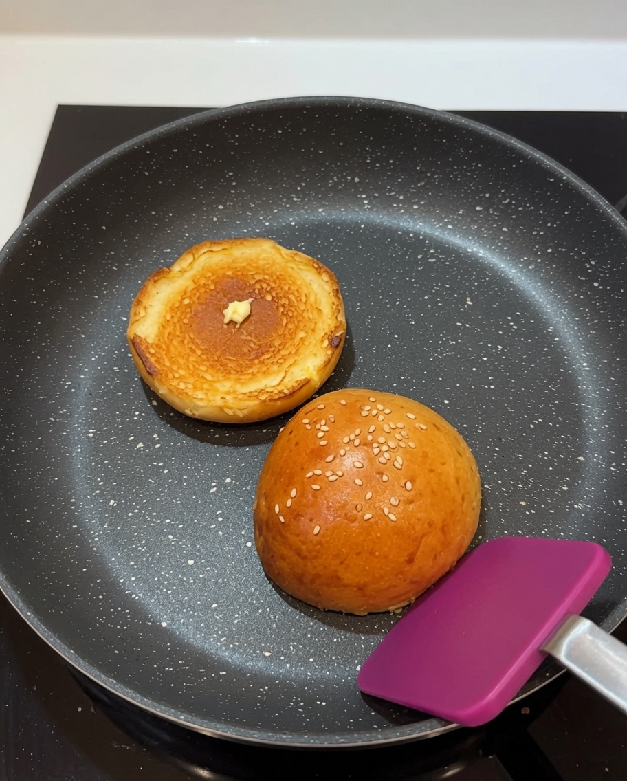 Burgerbrötchen werden in einer Pfanne mit Butter goldbraun getoastet.