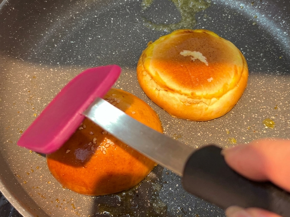 Ein Rindfleisch-Patty brät in einer heißen Pfanne und bildet eine braune Kruste.