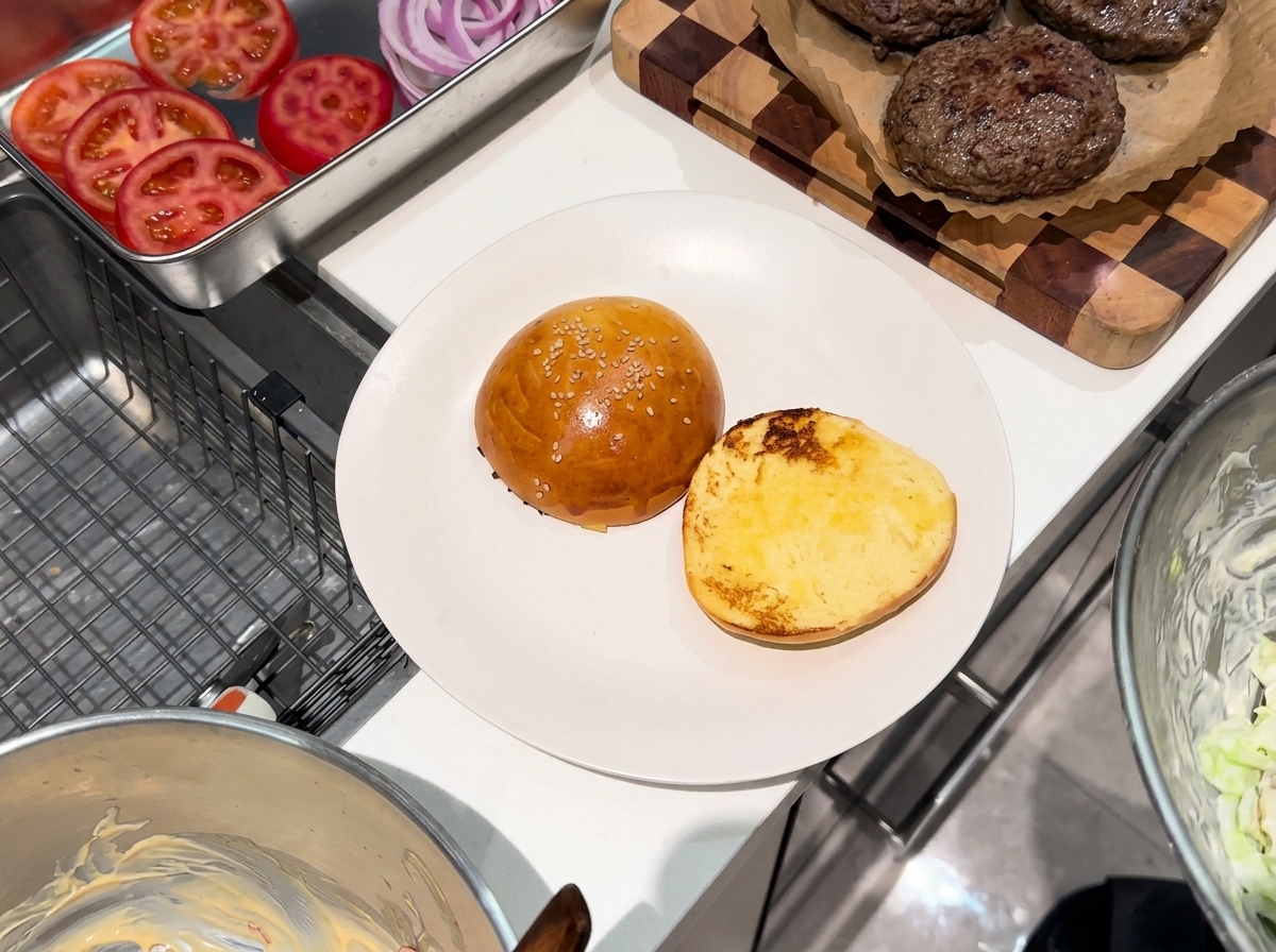 Ein perfekt angerichteter Burger mit Salat, Patty, Tomaten und Chili-Sauce.