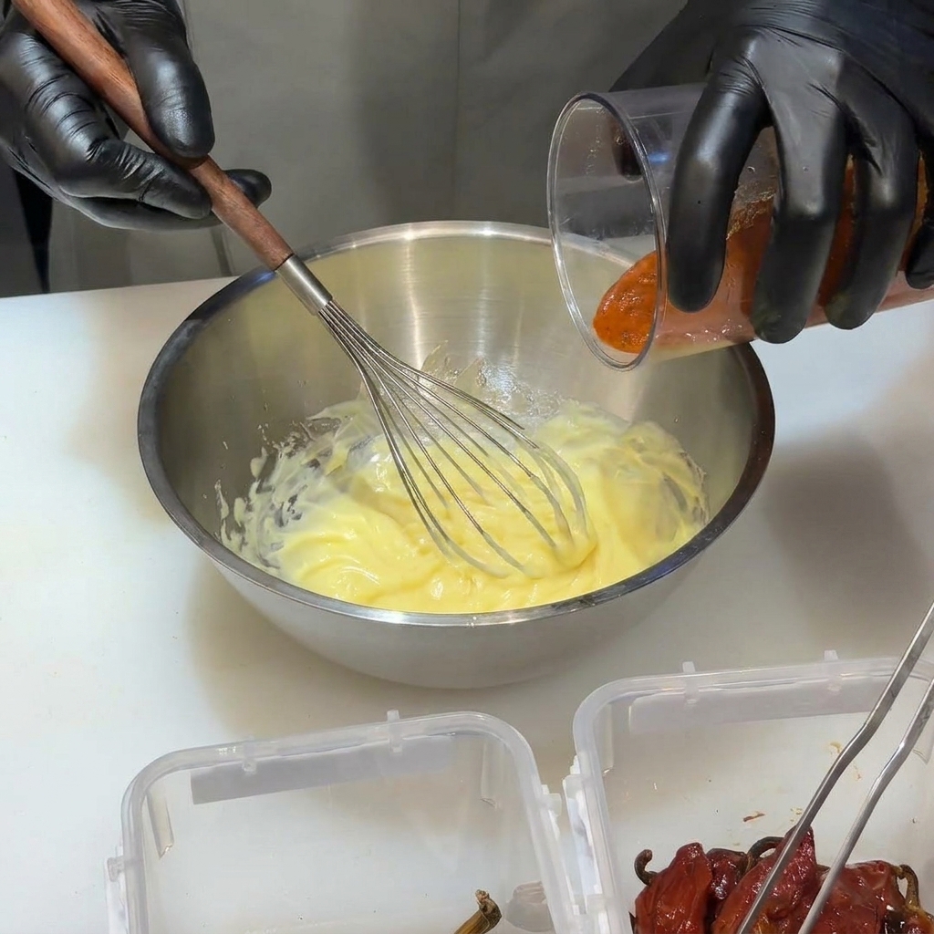 Die vorbereitete Chilisauce wird unter die cremige Mayonnaise gerührt.