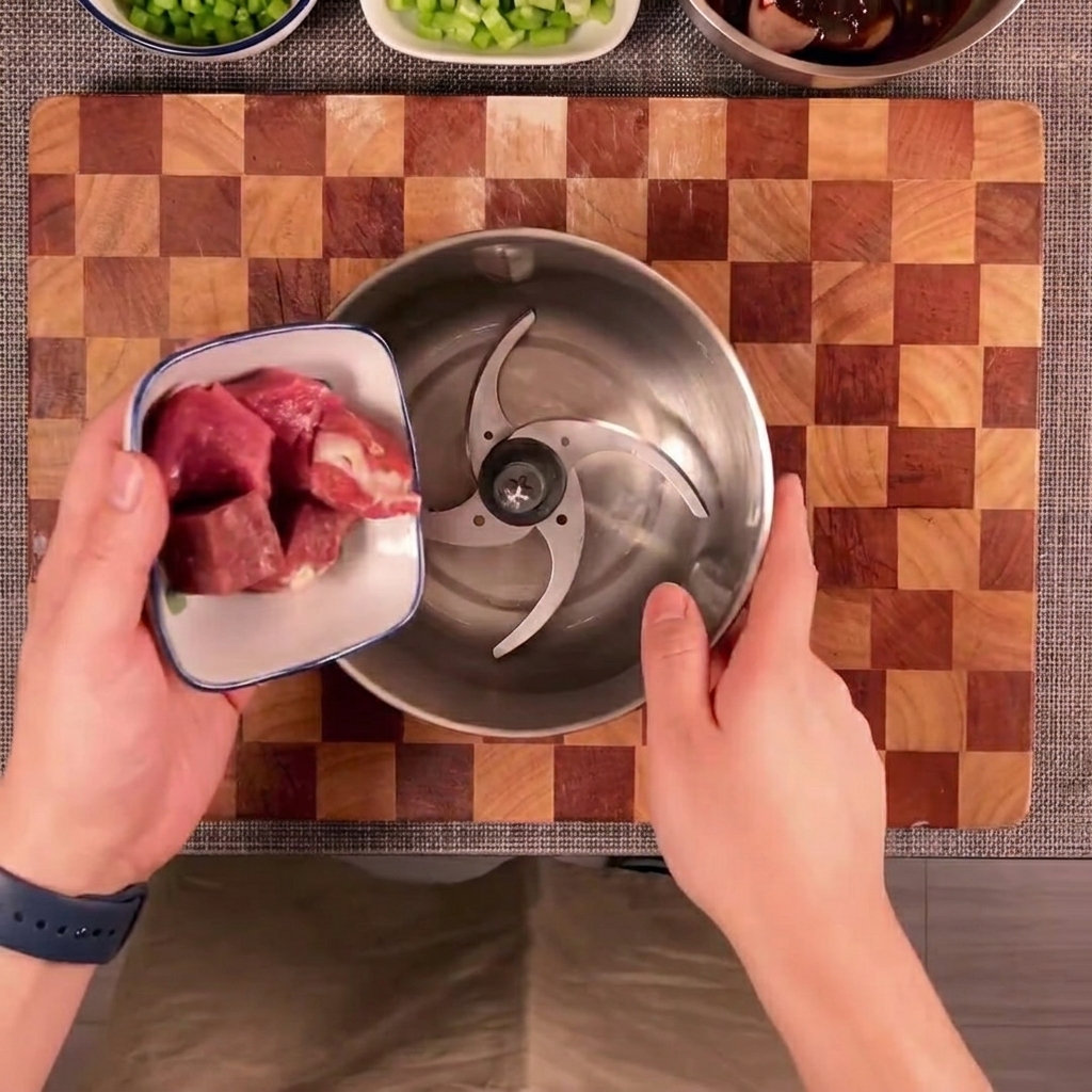Rindfleisch, Schweinefleisch, Zwiebel- und Paprikastücke in einer Metallschüssel eines Zerkleinerers.