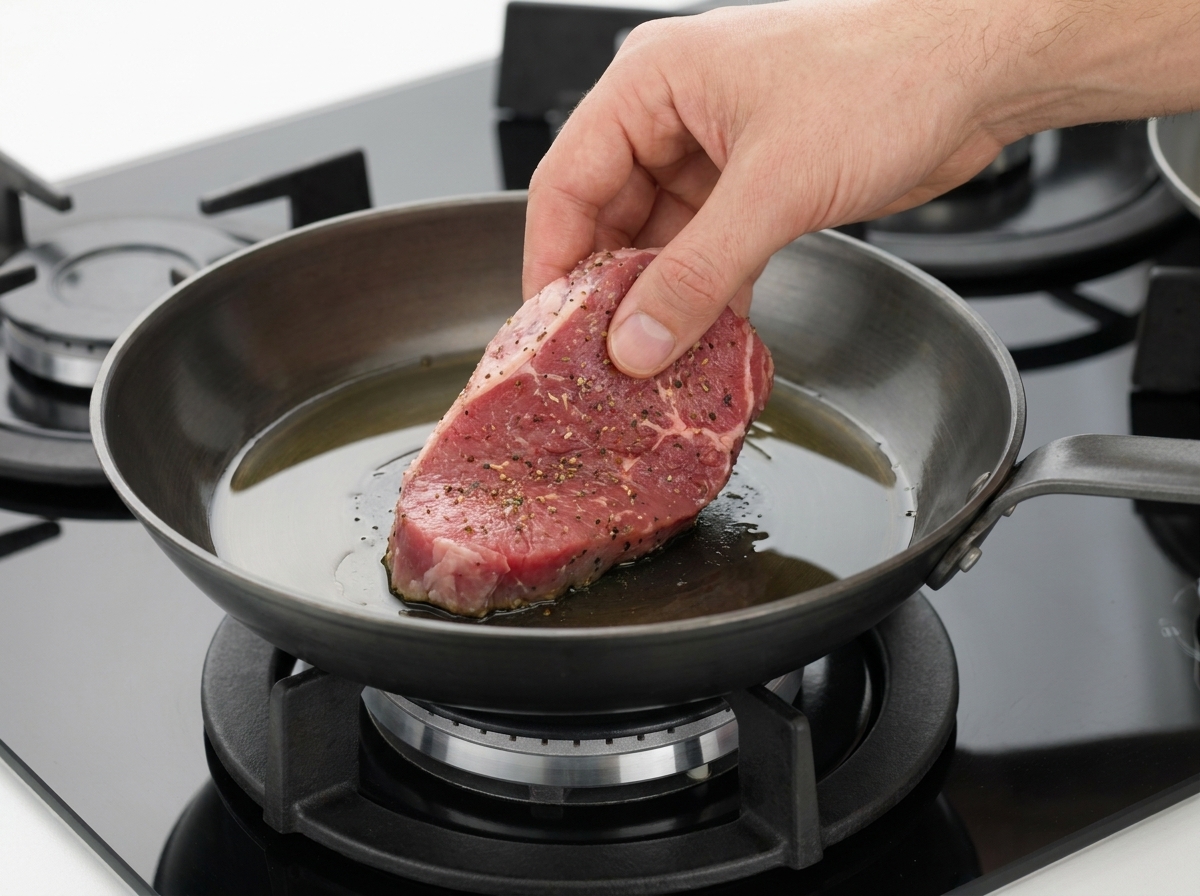 Ein rohes Fleisch-Patty liegt in einer heißen, geölten Pfanne auf dem Herd.