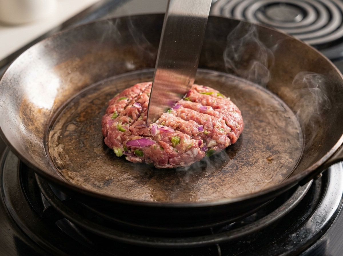 Ein Metallspatel ritzt ein Gittermuster in die Oberfläche des bratenden Fleisch-Pattys.