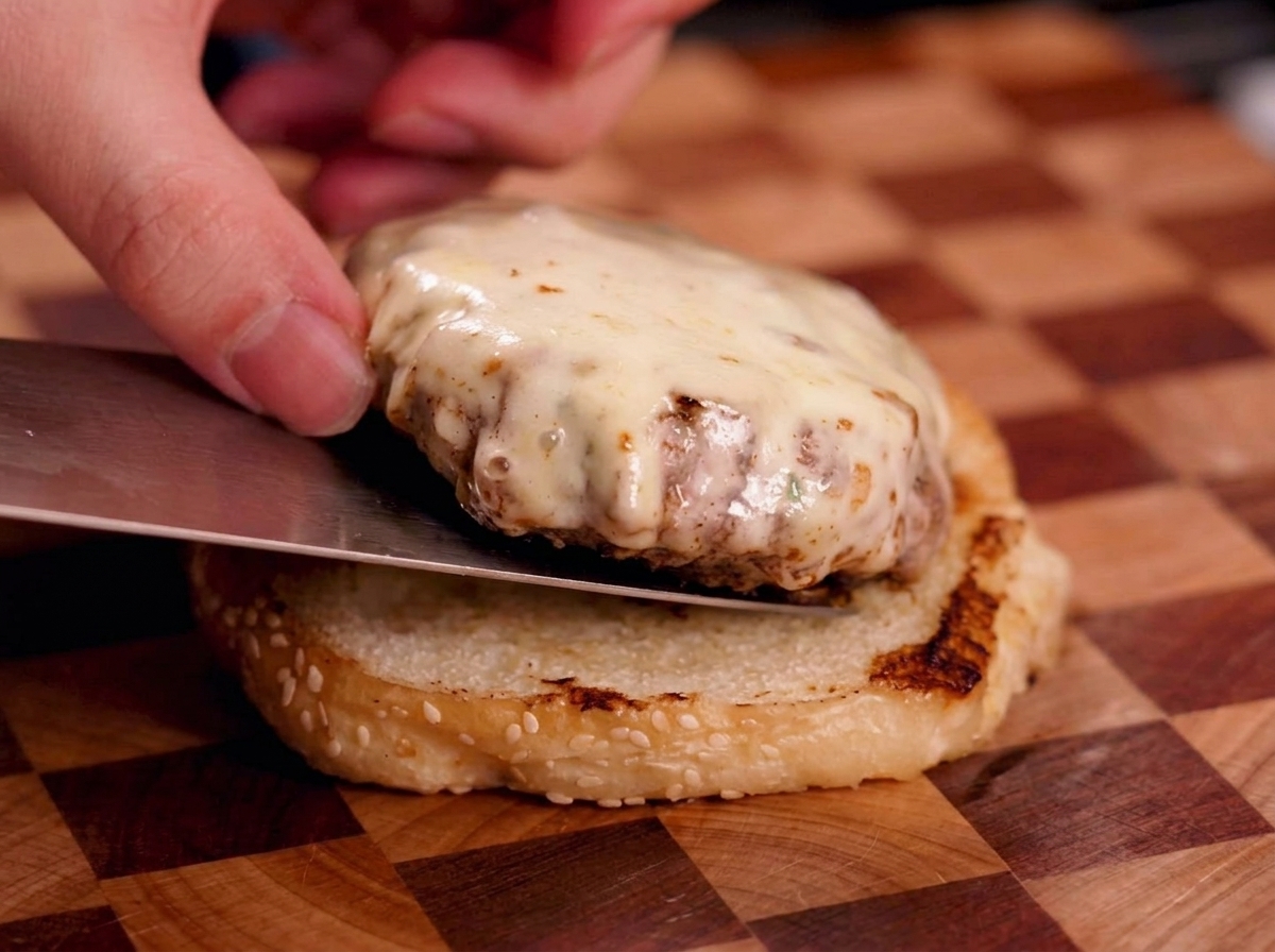 Ein Spatel legt ein Käse-Patty auf die untere Hälfte eines getoasteten Sesam-Brötchens.