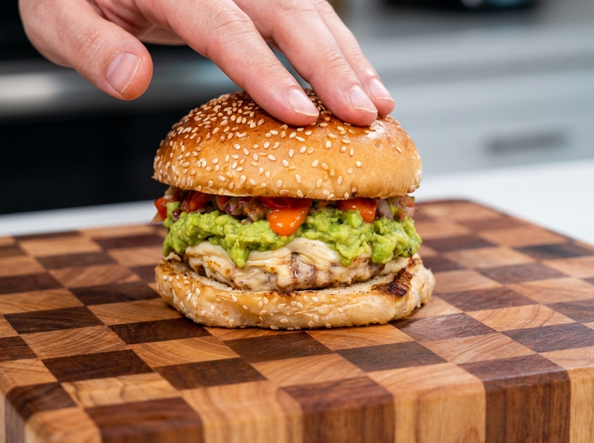Jemand legt die obere Hälfte des Sesam-Brötchens auf den fertig belegten Burger.