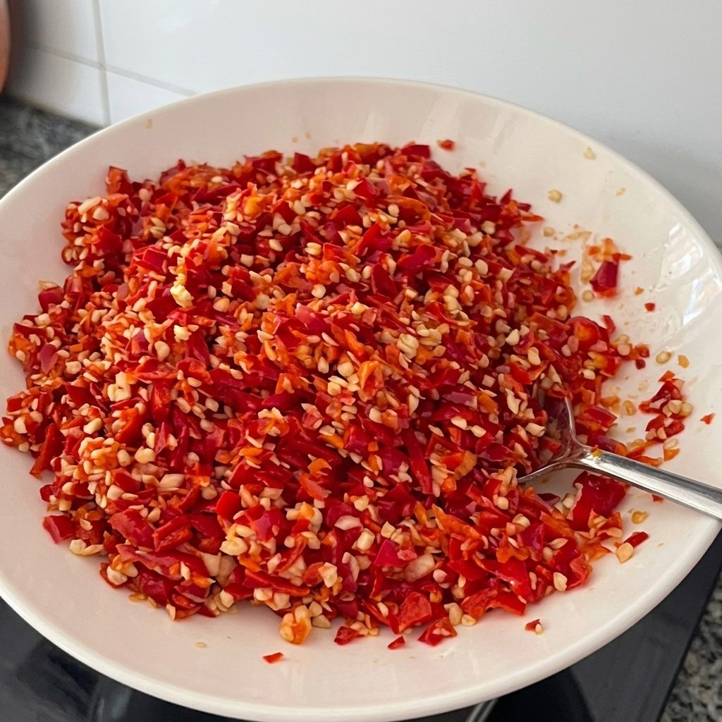 Gehackte rote Thai-Chilis und Knoblauch in der geschmolzenen Butter.