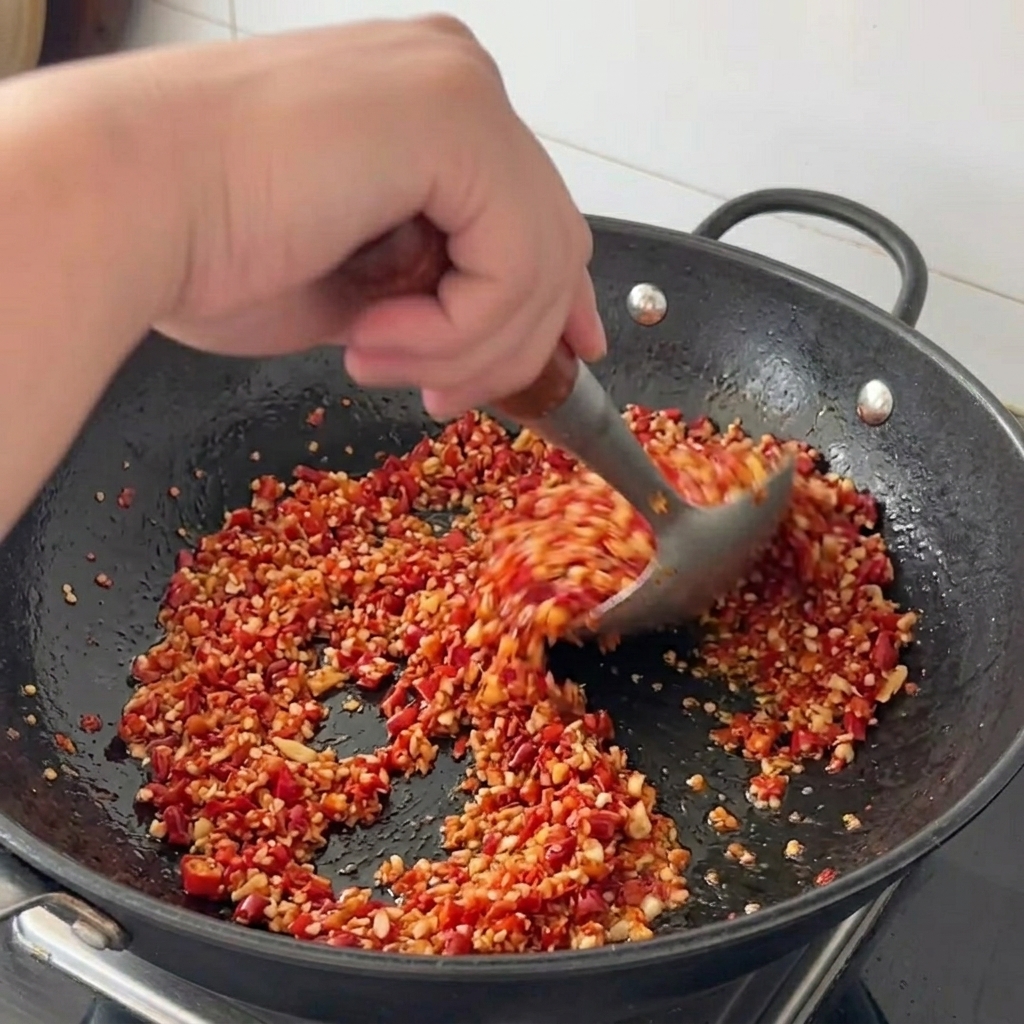 Chili-Knoblauch-Mischung wird mit einem großen Metallspatel im Wok gebraten.