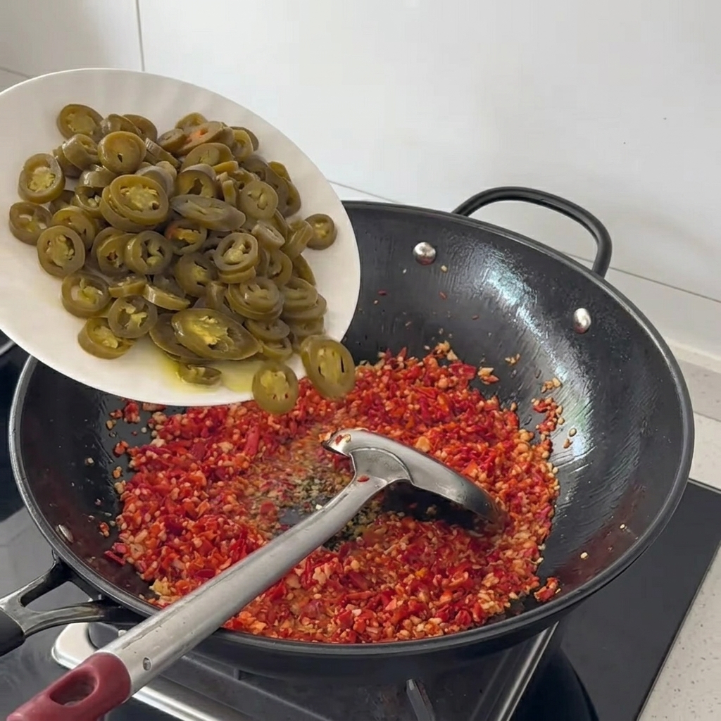 Eingelegte grüne Jalapeño-Scheiben werden zur Chili-Mischung in den Wok gegeben.