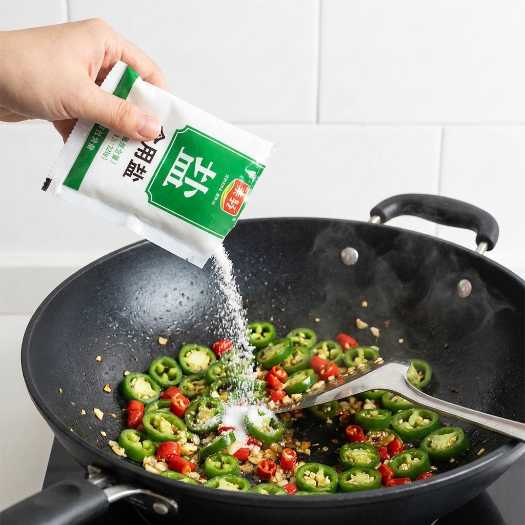 Salz wird über die angebratene Chili-Jalapeño-Mischung im Wok gestreut.