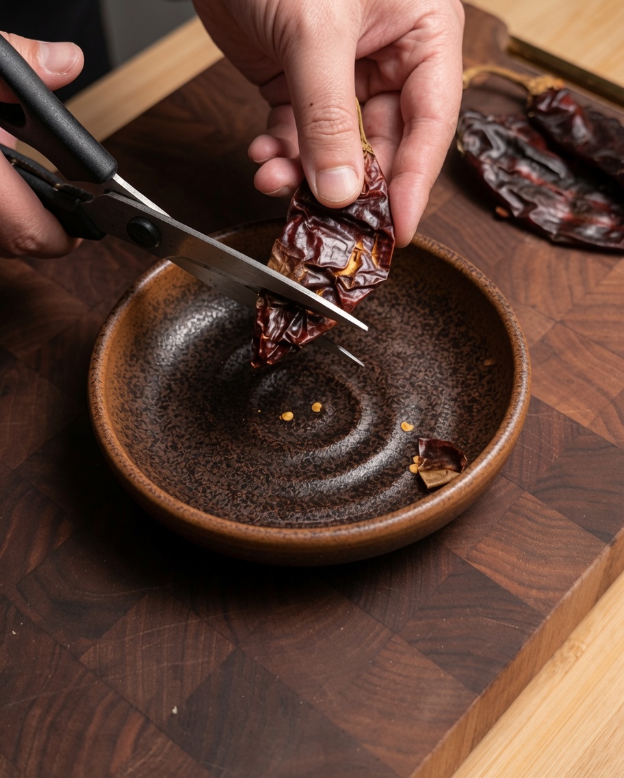Nahaufnahme von Händen, die getrocknete Guajillo-Chilis mit einer Schere über einer braunen Schüssel zerkleinern.