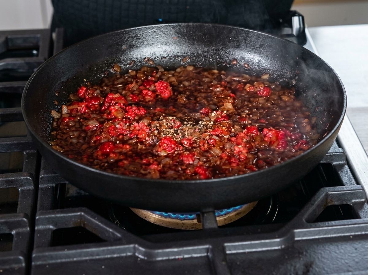 Knuspriger Bacon, Himbeeren, Zwiebeln und Kaffee köcheln zusammen in einer Pfanne.