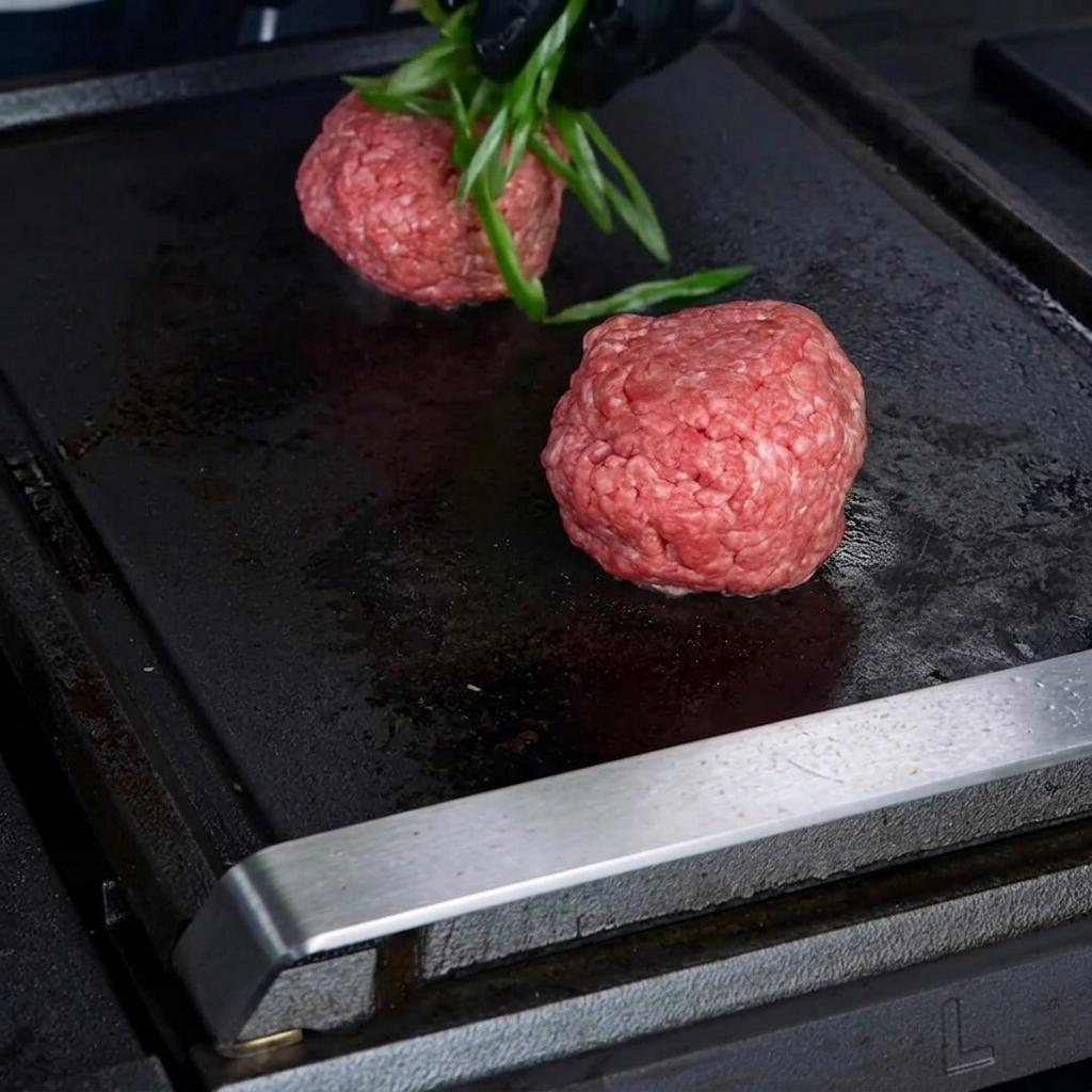 Behandschuhte Hände legen dünn geschnittene frische grüne Jalapeños auf rohe Rindfleisch-Patties auf einer Grillplatte.