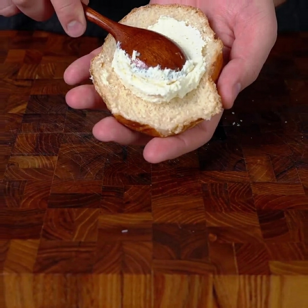 Mit einem Holzlöffel wird eine dicke Schicht weißer aufgeschlagener Frischkäse auf die untere Hälfte eines getoasteten Burger-Buns gestrichen.