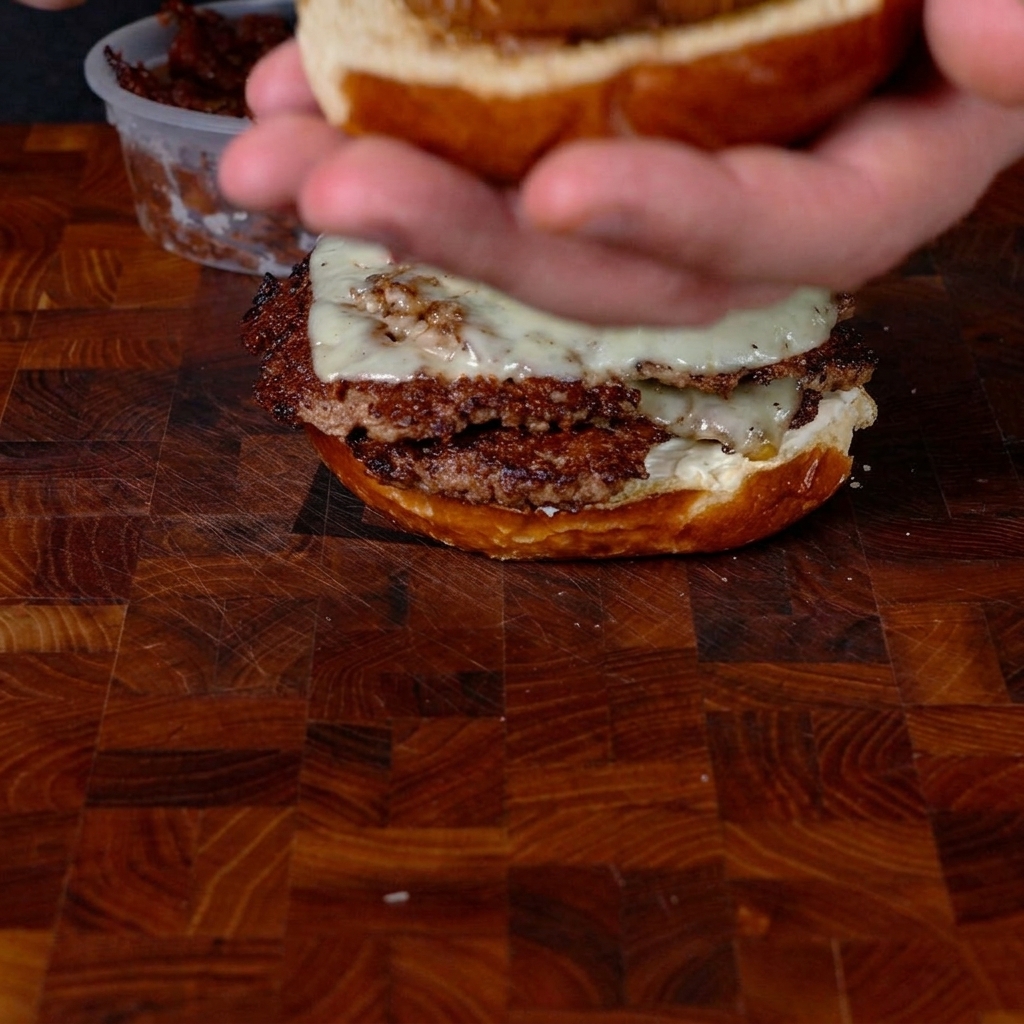 Hände halten ein getoastetes oberes Bun und streichen eine dicke Schicht reichhaltiger, dunkler Bacon Jam auf die Innenseite.