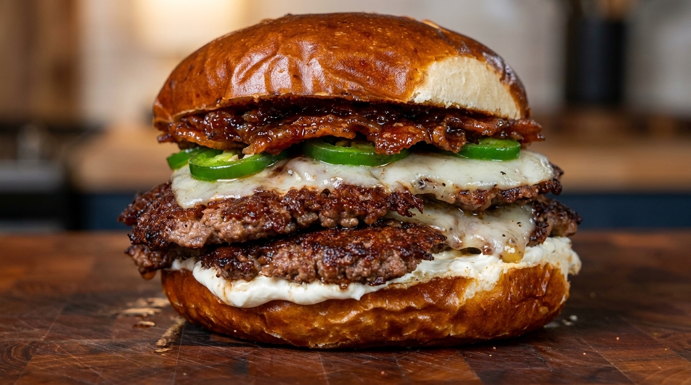 Ein hochgestapelter Jalapeño Popper Smashburger mit geschmolzenem Havarti, frischen Chilis und glänzender Himbeer-Bacon-Jam.