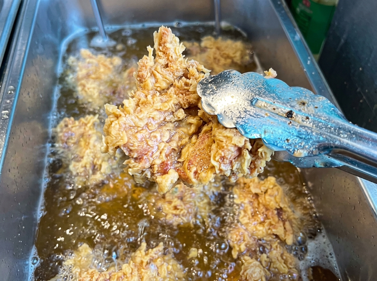 Eine Zange hebt ein Stück knusprig frittiertes Hähnchen aus der Fritteuse.