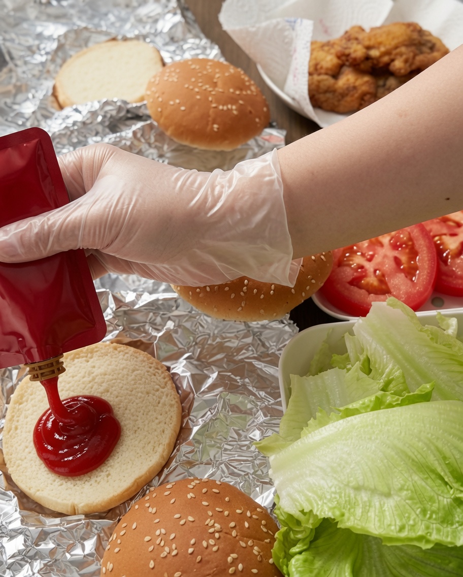 Eine Hand mit Handschuh drückt Ketchup aus einem Beutel auf ein Brötchen, daneben frischer Salat und Tomaten.