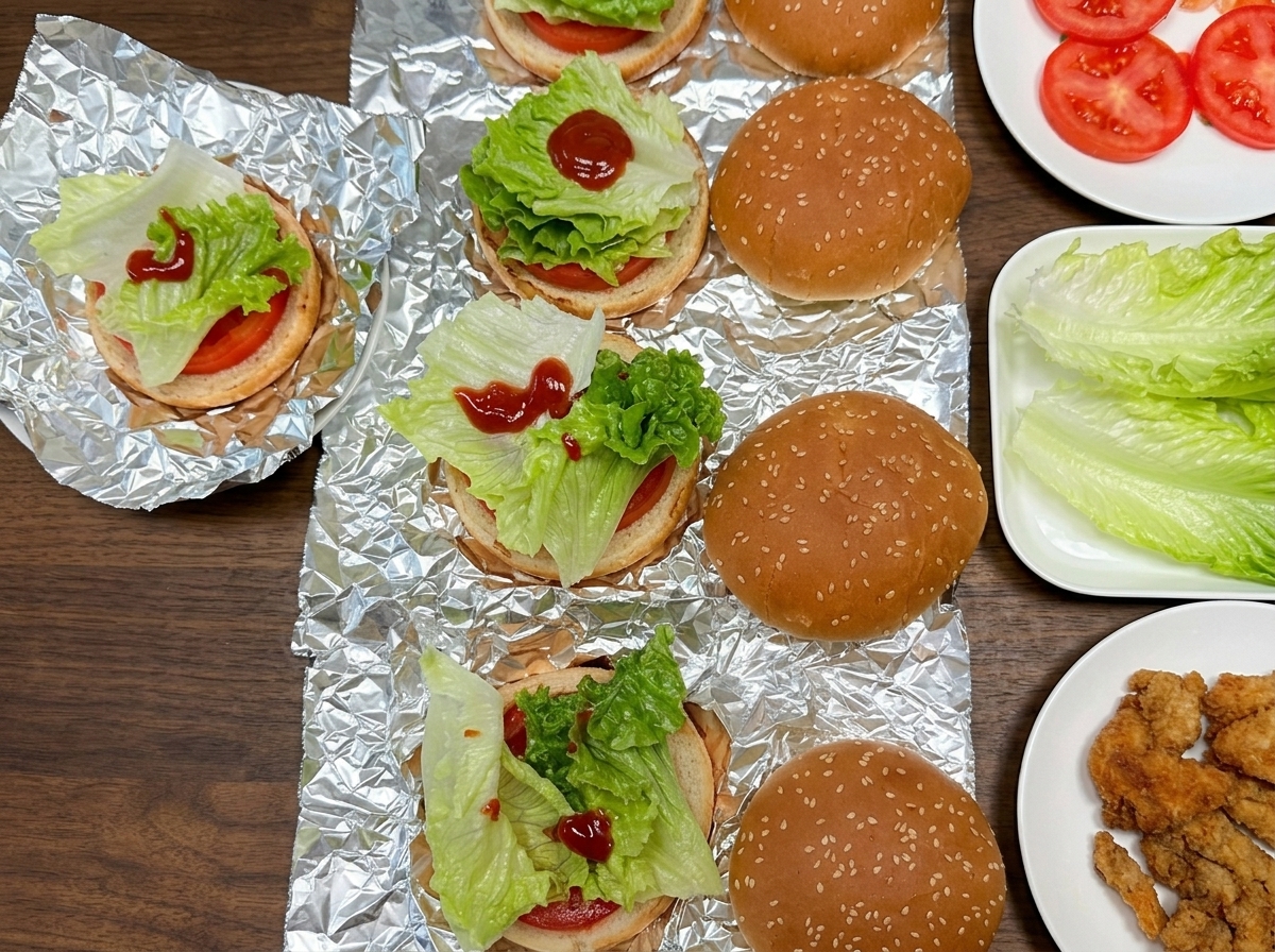 Ein frisch frittiertes, goldbraunes Hähnchenpatty wird auf ein Burgerbrötchen mit Salat und Tomaten gelegt.