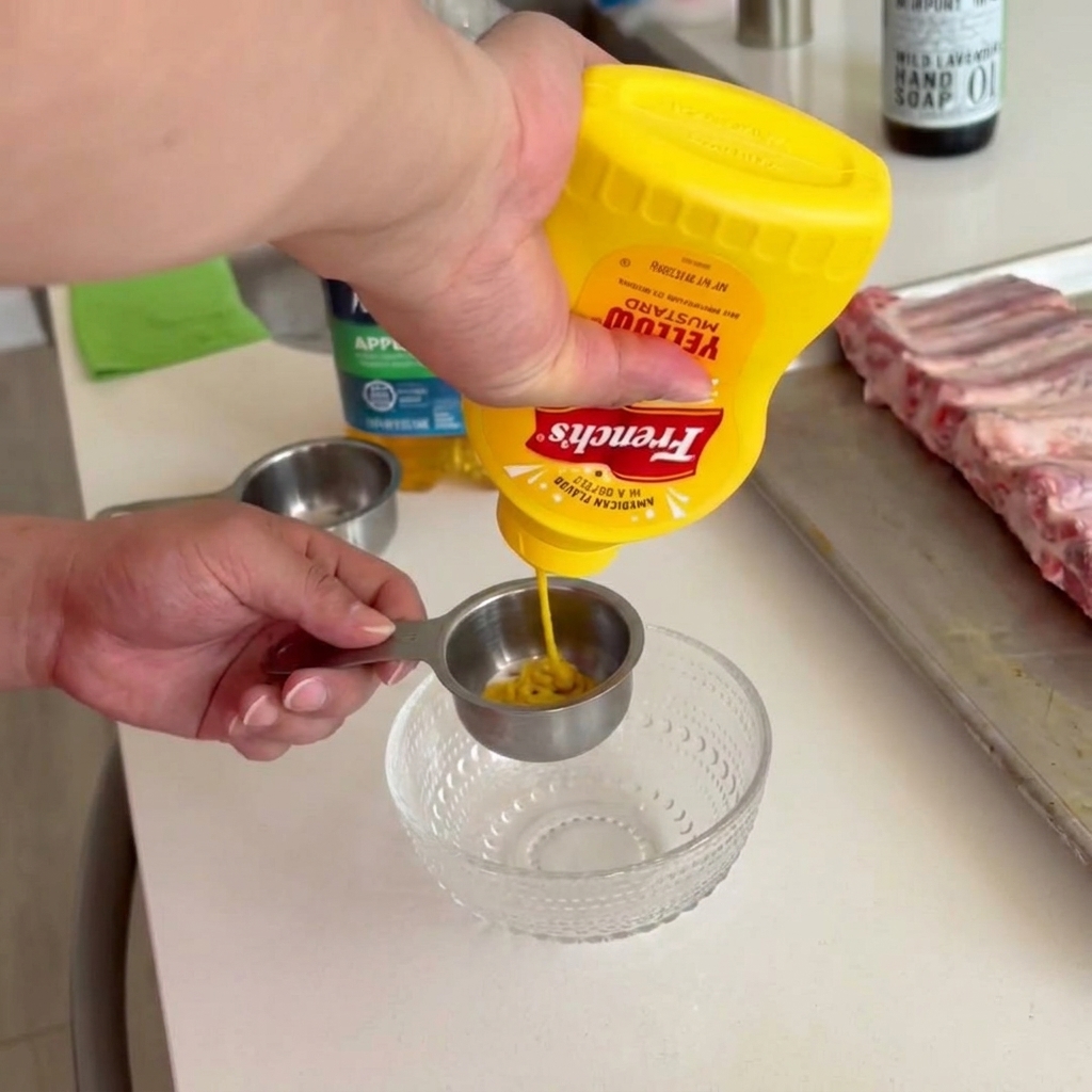 Senf aus einer Flasche in einen kleinen Messbecher aus Metall drücken, um ihn mit Apfelsaft zu mischen.