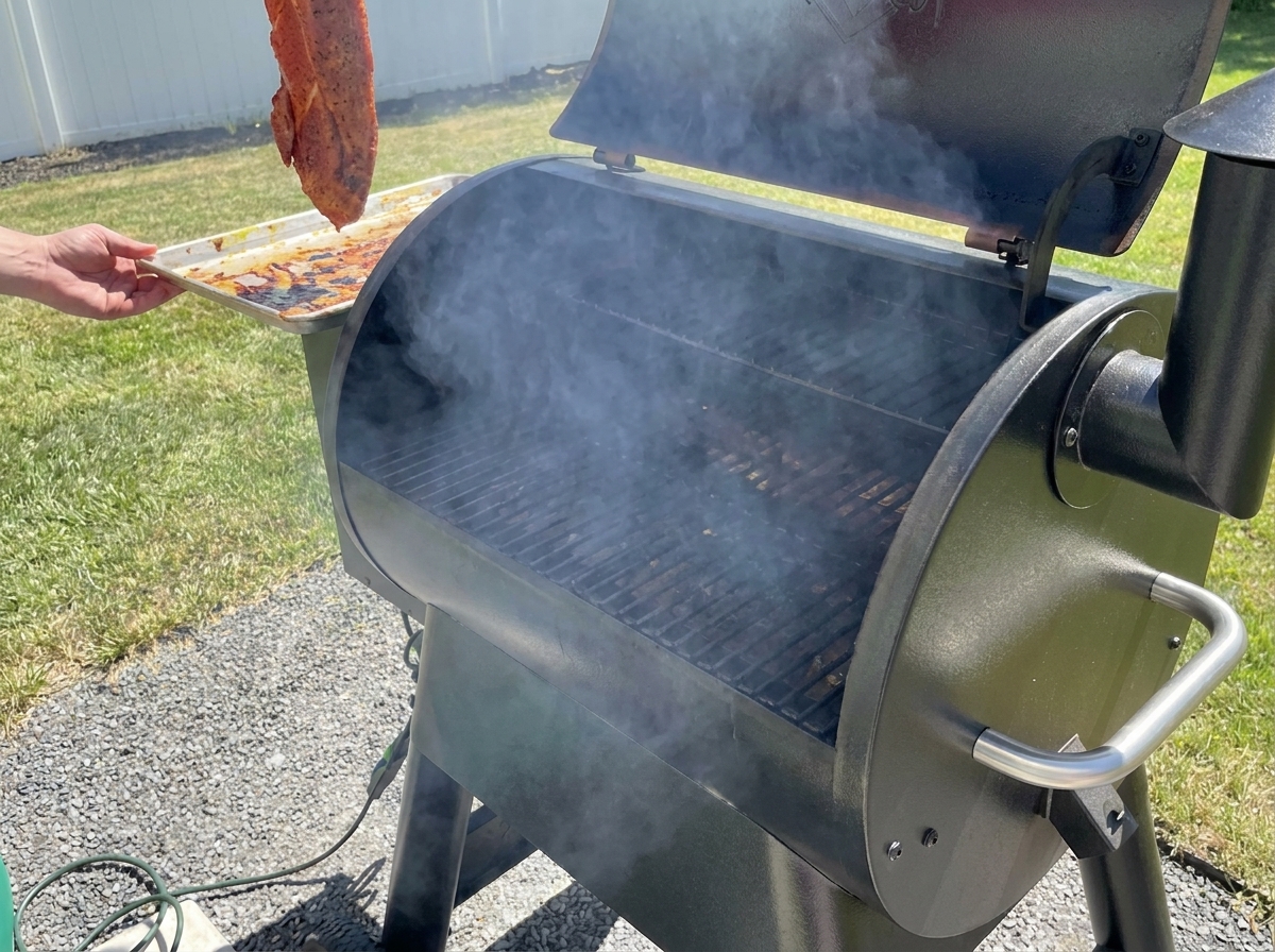 Ein Arm hält einen gewürzten Rippchenstrang neben einen offenen, schwarzen Pelletgrill.