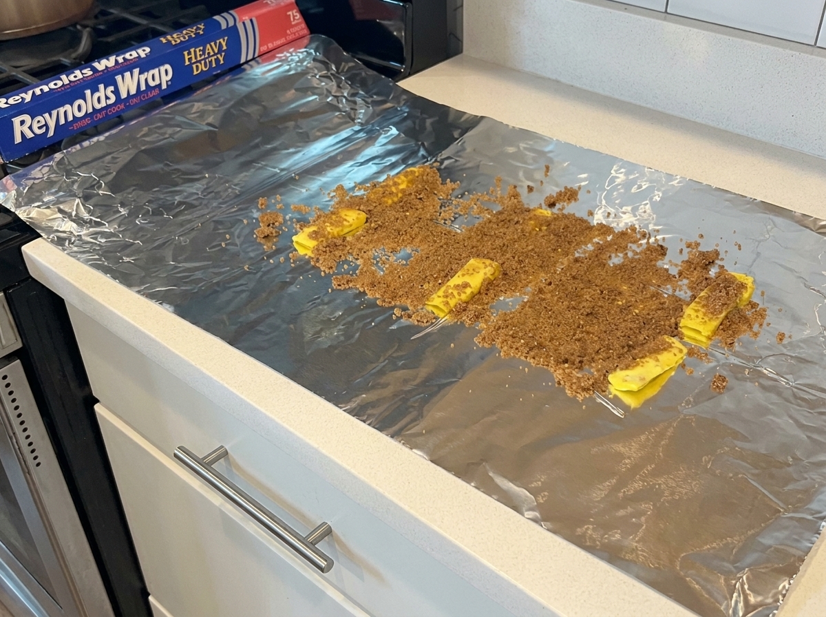 Ein großes Stück Alufolie auf einer Arbeitsfläche, belegt mit braunem Zucker und Butterstücken.