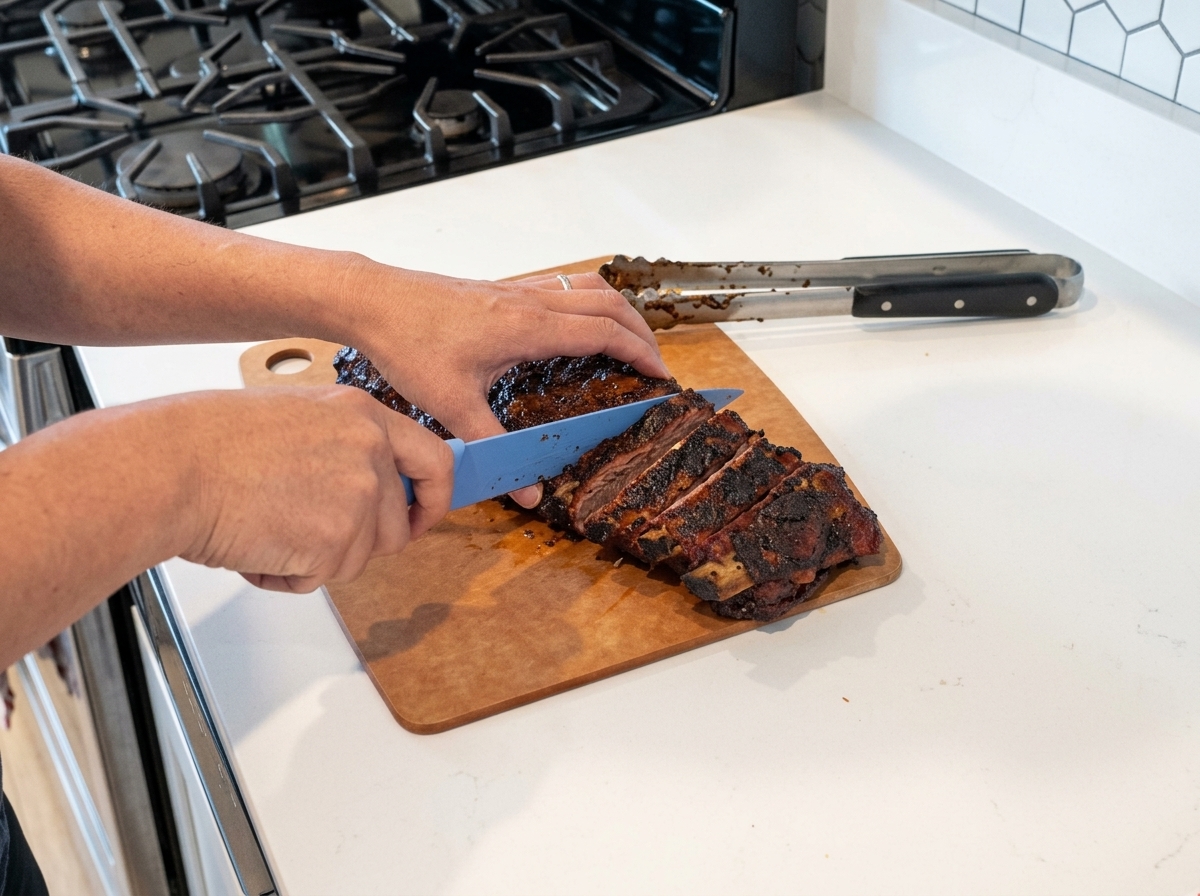 Ein versiegeltes Alufolien-Päckchen mit Rippchen wird vorsichtig auf die Roste eines heißen Smokers gelegt.