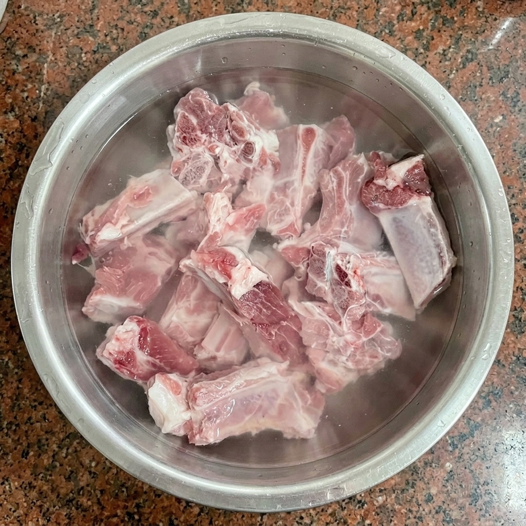 Rohe geschnittene Schweinerippchen weichen in kaltem Wasser in einer Edelstahlschüssel ein.