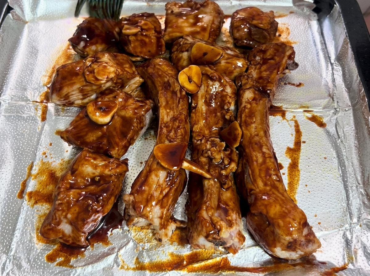 Ein blauer Silikonpinsel verteilt die Marinade auf den Rippchen.