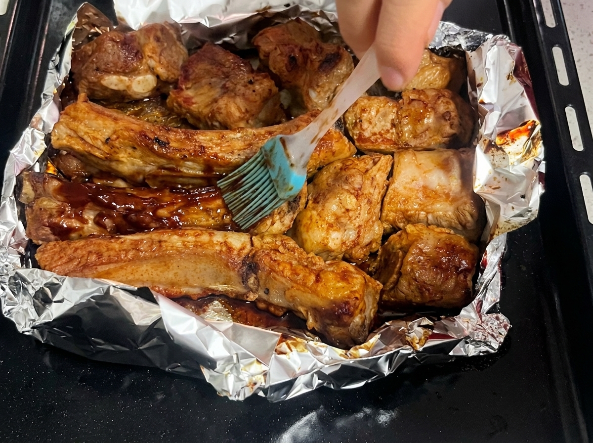 Dicke Sauce wird mit einem Pinsel auf die Rippchen aufgetragen.