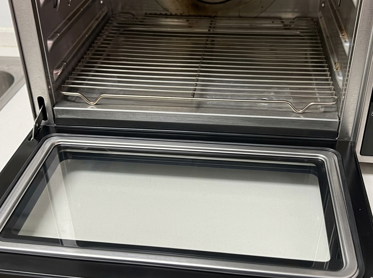 Das Backblech mit den glasierten Rippchen wird in den Ofen geschoben.
