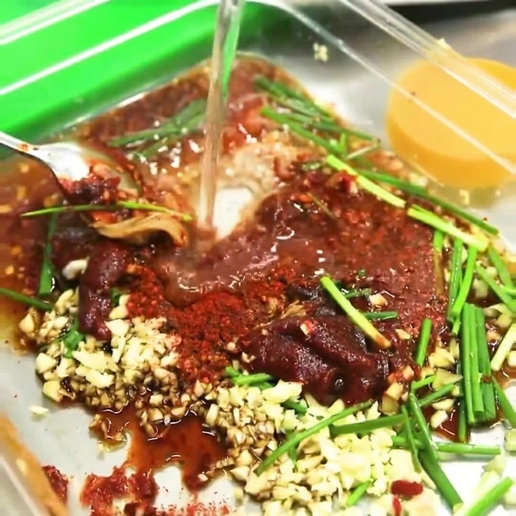 Die Marinade wird mit einem Löffel glatt gerührt.