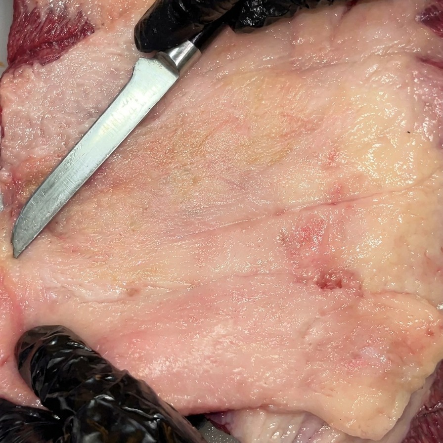 Grobes Meersalz wird gleichmäßig über das rohe, parierte Wagyu Brisket gestreut.