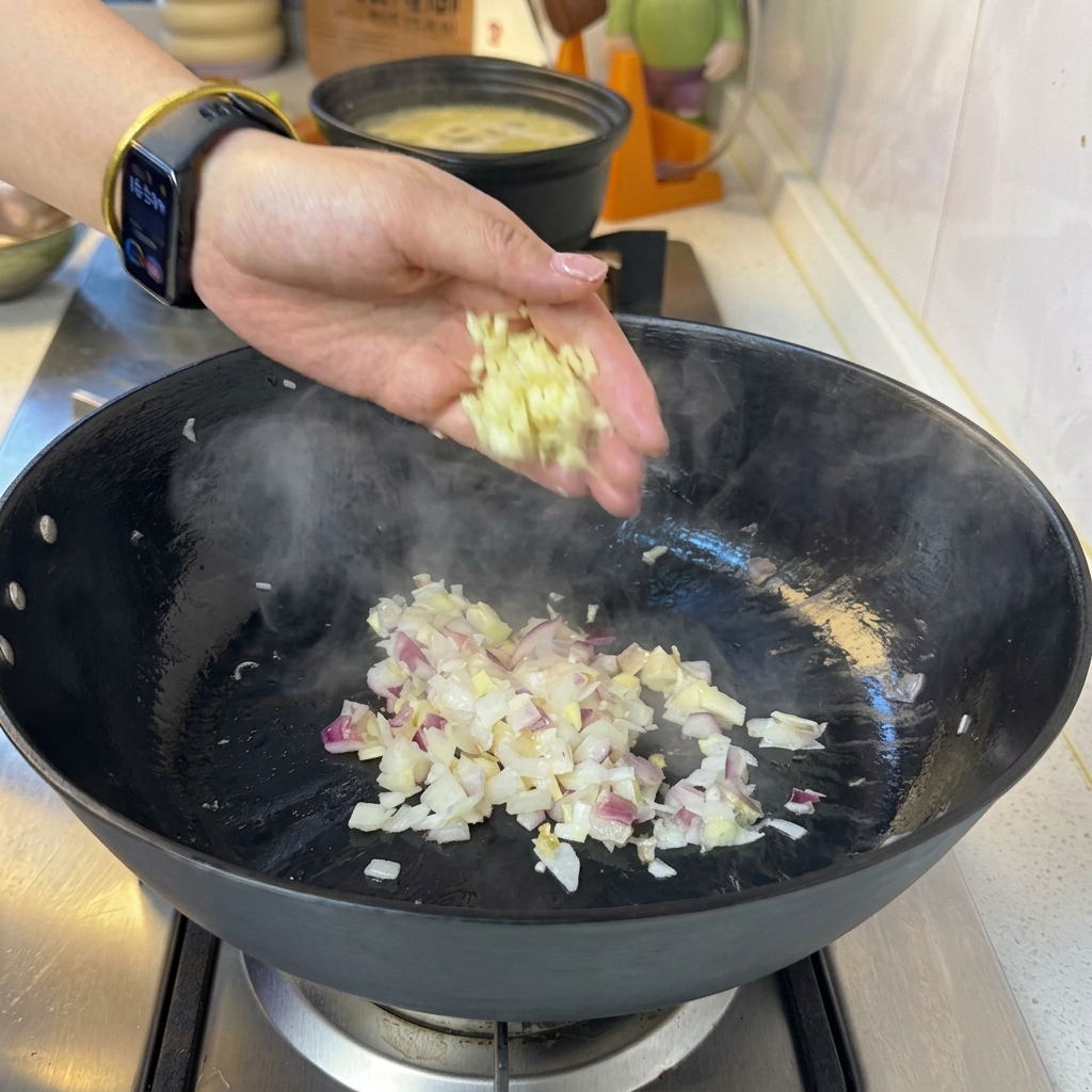 Gehackter Knoblauch und braunes Rindfleisch garen zusammen in der Pfanne.