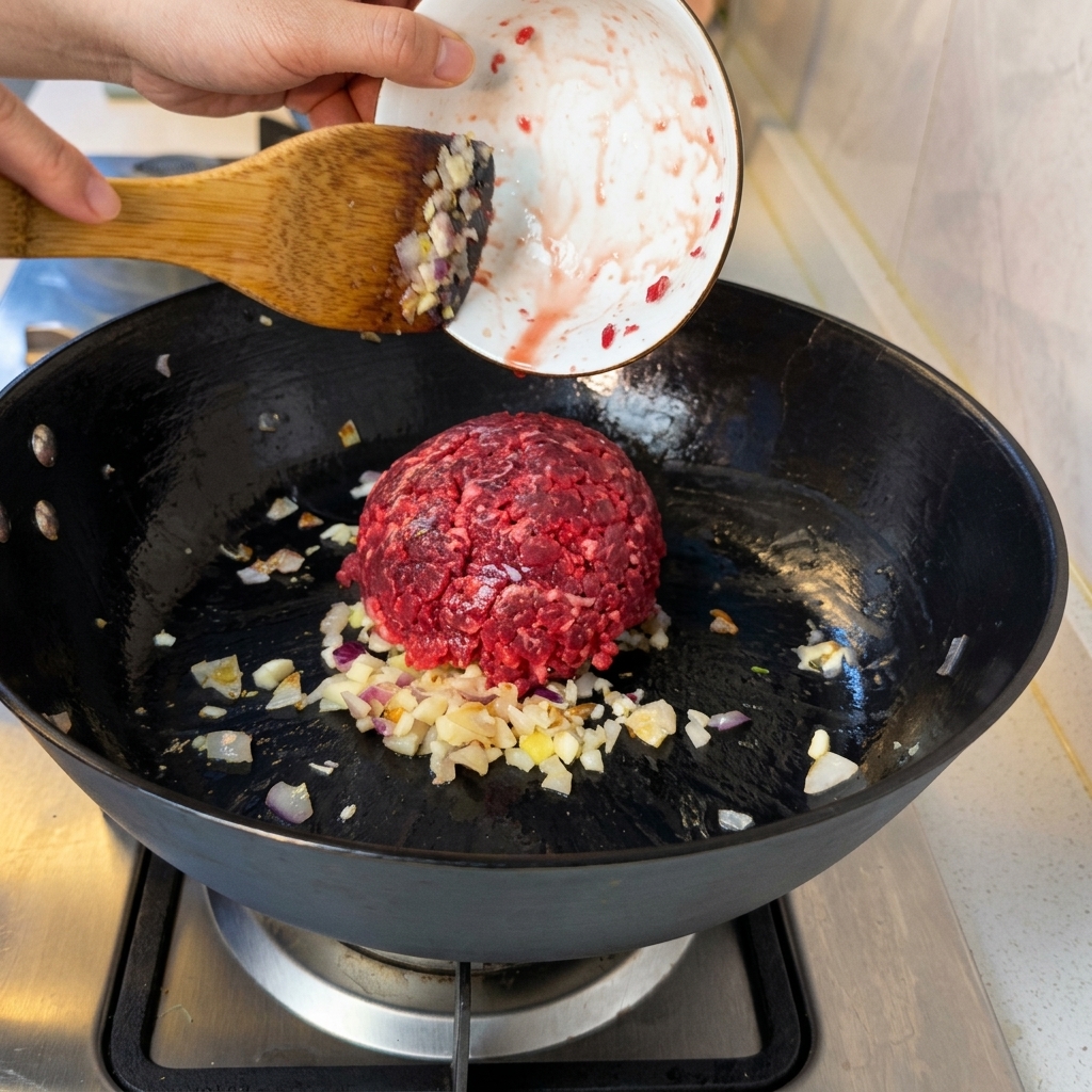 Rinderhackfleisch, das in einer Pfanne mit Zwiebeln und Knoblauch angebraten wird.