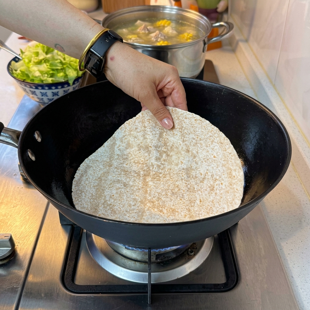 Eine Tortilla in der Pfanne, belegt mit einer Schicht geriebenem Käse.