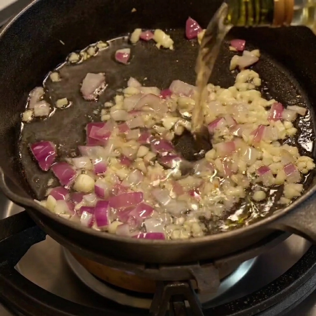 Weißwein, der in der heißen Pfanne mit den Aromaten aufsprudelt.