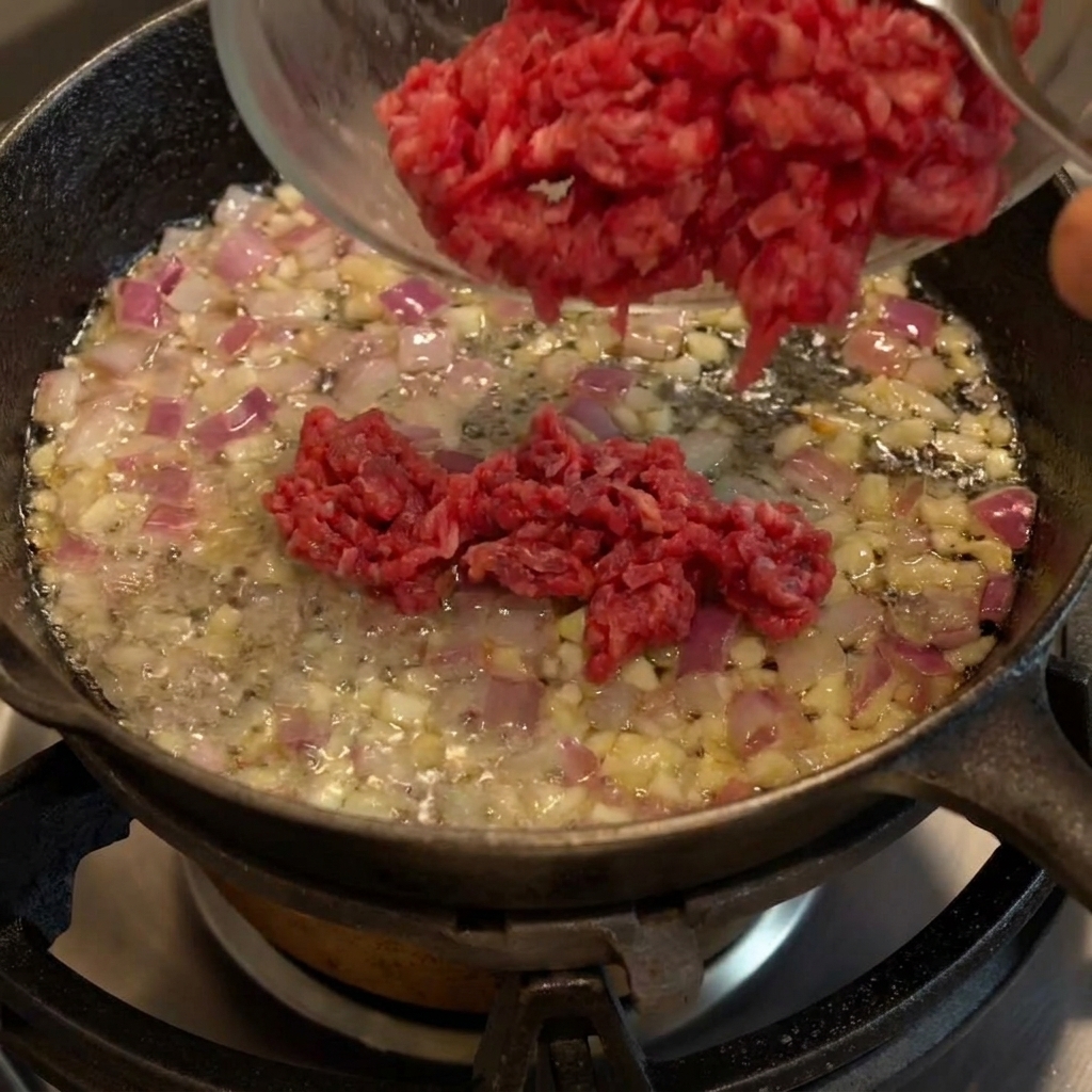 Rinderhackfleisch beim Anbraten in der Gusseisenpfanne.