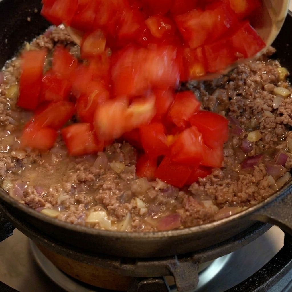 Gewürfelte Tomaten unter das gebräunte Rinderhackfleisch gemischt.