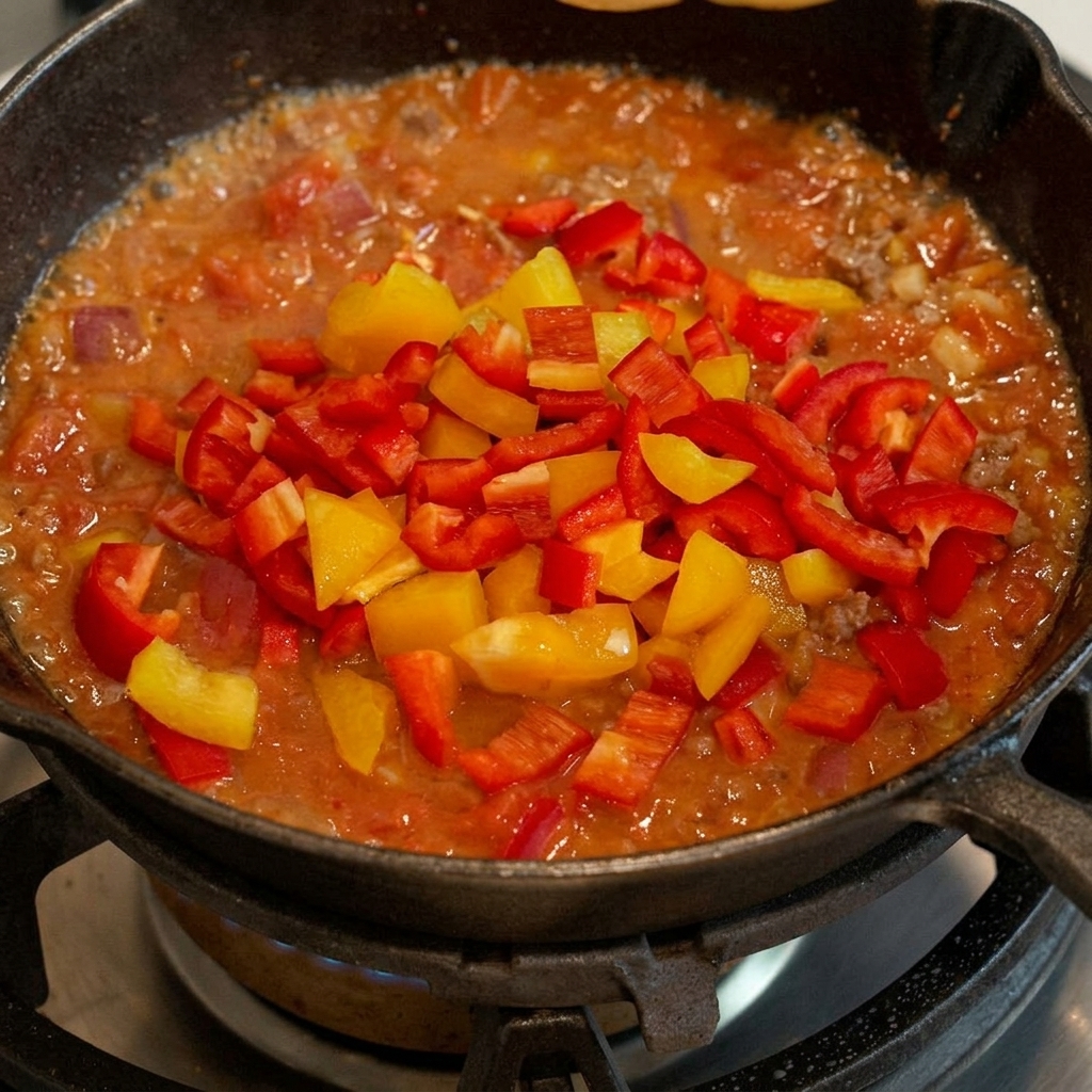 Gewürfelte gelbe Paprika in der Rindfleisch-Tomaten-Mischung.