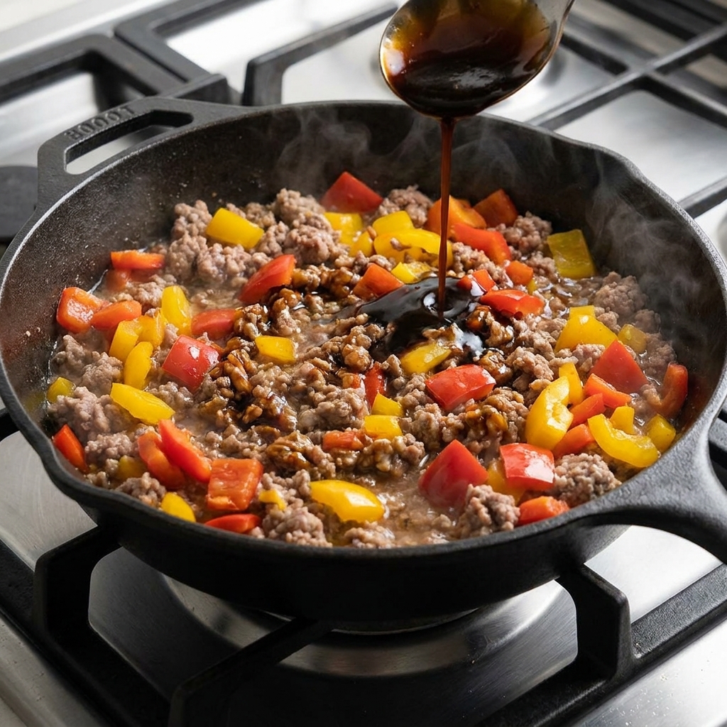 Dunkle, würzige Sauce, die über das Fleisch in die Pfanne gegeben wird.
