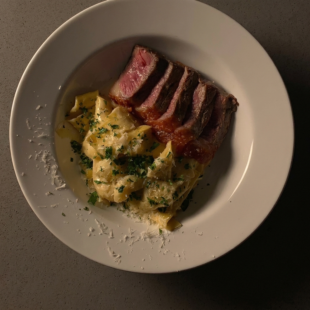Ein rohes, gewürztes Steak wird zum Anbraten in eine heiße Edelstahlpfanne gelegt.