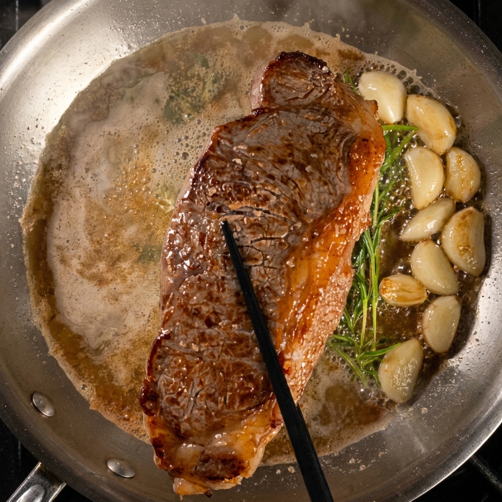 Sahne und Parmesan werden in einer heißen Pfanne mit dem Bratensatz verrührt.