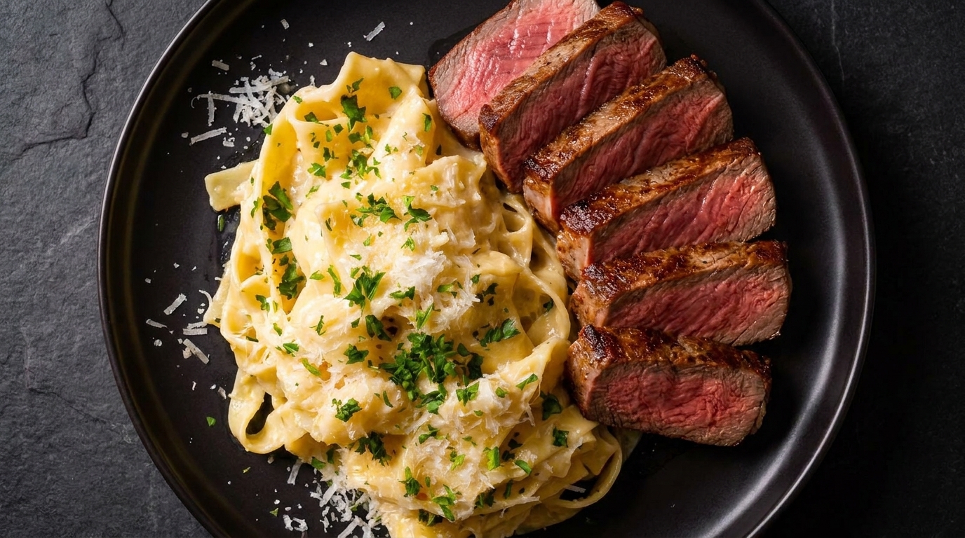 Pfannengebratenes Steak mit cremiger Fettuccine